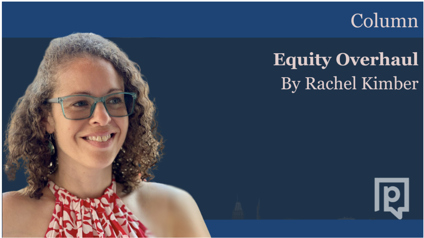A woman appears in the foreground of a dark blue background that reads 'Column Equity Overhaul By Rachel Kimber' in pink.